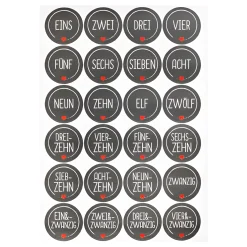 Adventskalender-Zahlen in Worten, schwarz, 24 Stück