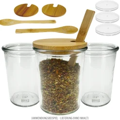Becherglas mit Bambusdeckel und Löffel, 3er Set