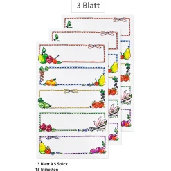 Schmucketiketten 'Gestreifter Rahmen mit Obst', 15 Stück